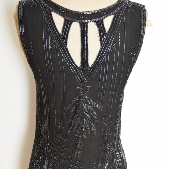 vintage 80s flapper dress black silk sequin beaded cutout cocktail party prom XS - Picture 9 of 10